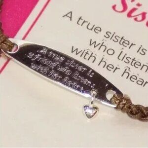 New $34 Footnotes Too Sister Pure Silver Plated Engraved Bracelet, Heart Charm